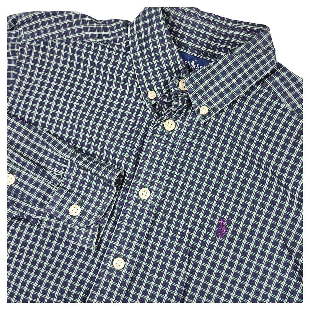 Ralph Lauren Button Down Shirt Boys M 12/14 Green Purple Plaid Pony Logo School